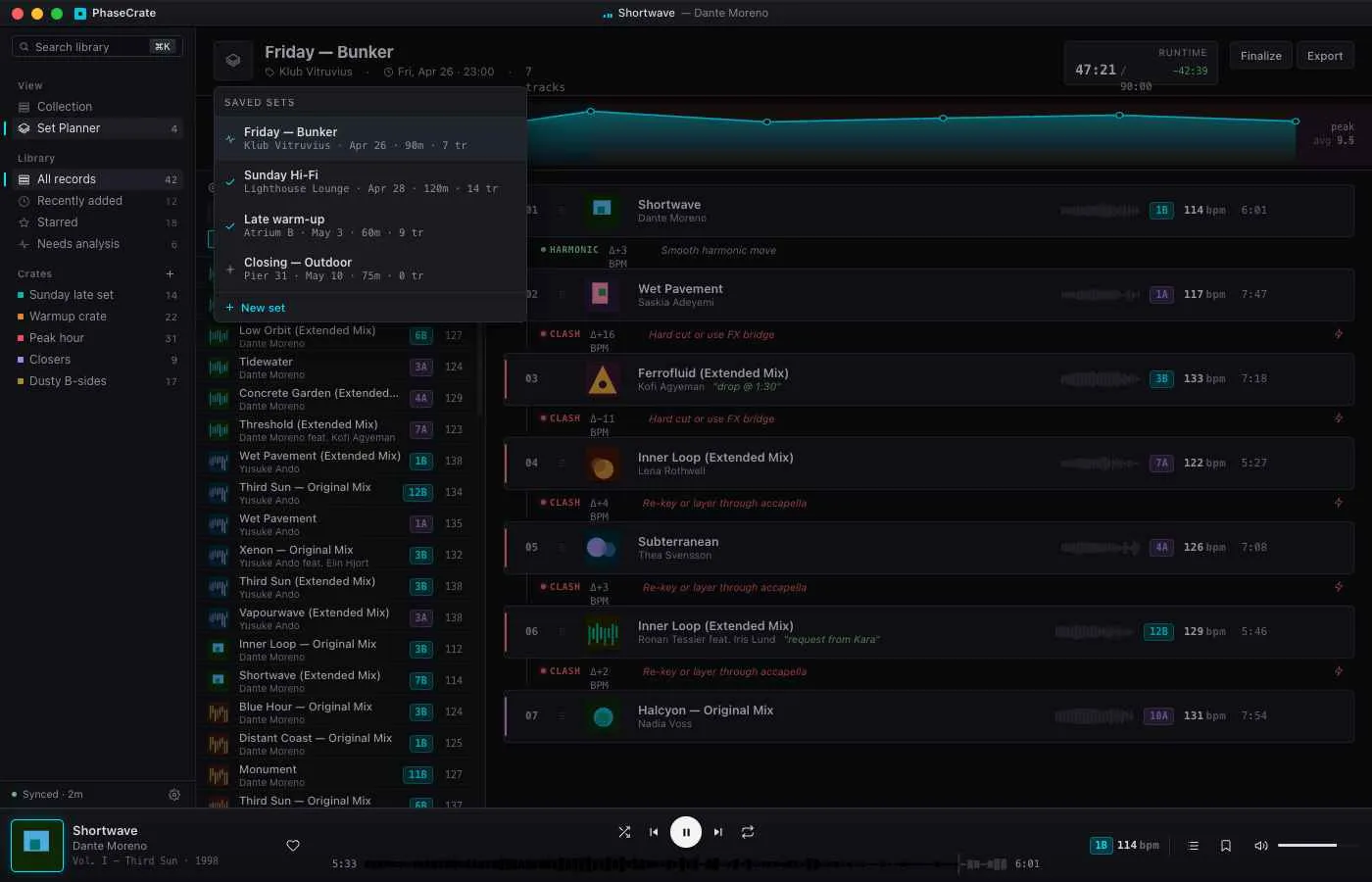 Set Planner with warm-up, peak, and closer columns — each with their own running time and BPM transitions.