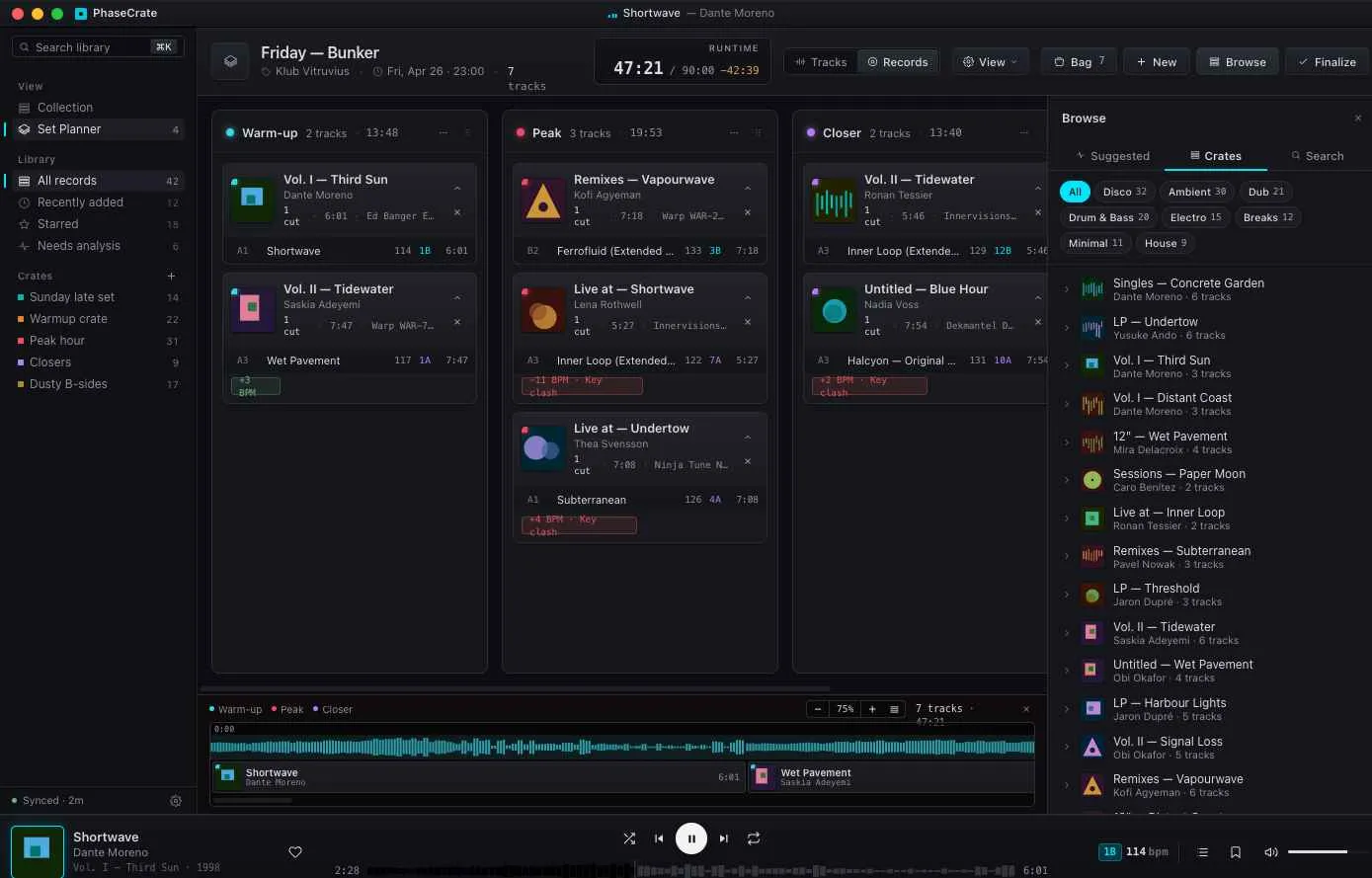 PhaseCrate collection view — harmonic mixing wheel, BPM distribution, and the full library with a record detail panel.