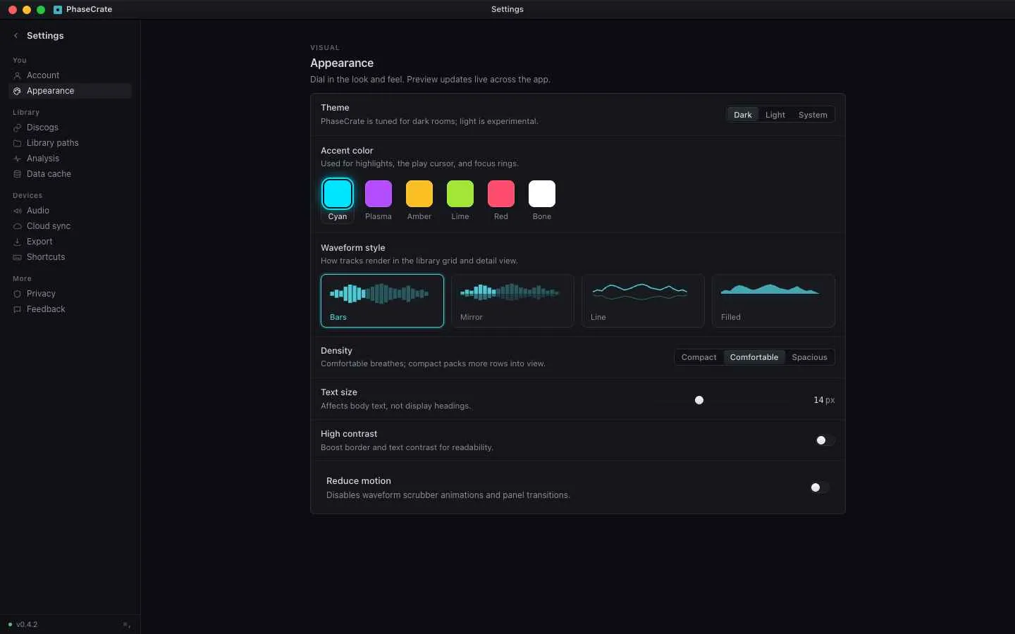 PhaseCrate settings — theme, accent colour, waveform style, density. Everything you'd want to tune for your booth or your couch.